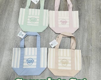 Trader Joe’s Mini Pastel Stripe Canvas Tote Bags Set of 4 Limited Edition New COMPLETE SET!!! Summer 2026 Pink, Blue, Green, Beige AUTHENTIC