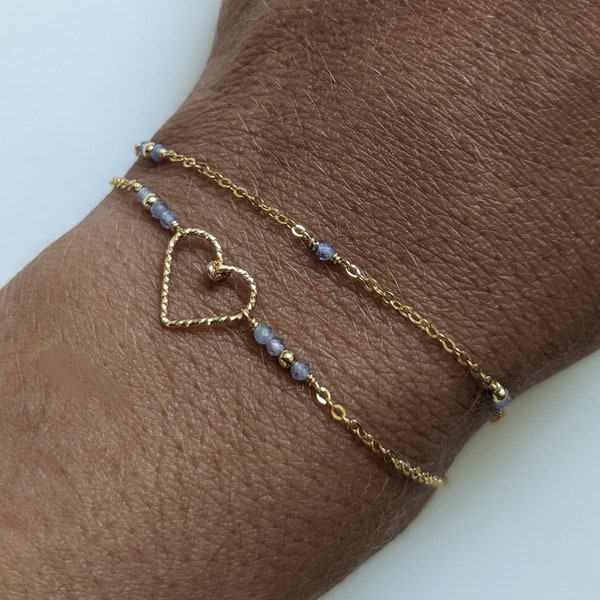 bracelet double en gold filled et tanzanites, bracelet coeur, bracelet chaine fine, bijou pierres naturelles, cadeau pour femme