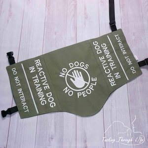 May include: An olive green dog vest with white text reading "Reactive Dog in Training" and "Do Not Interact". The vest features black straps and a circular graphic with a hand and the words "No Dogs No People".