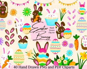 Clipart de Pascua en acuarela: Conejito, huevos y flores (PNG, PDF)