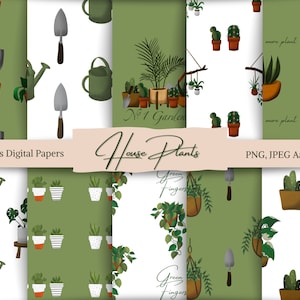 Plants Seamless Papers, House Plants Clipart, Watercolour Gardening digital papers, Potted Plants Planner Papers, Planner Diy, Cosy Clipart