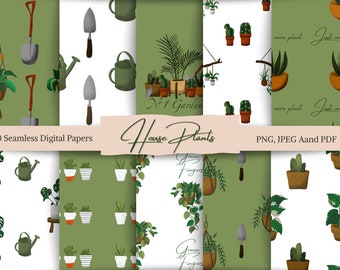 Papeles sin costuras de plantas de interior en acuarela: Clipart de jardinería (Descarga digital)