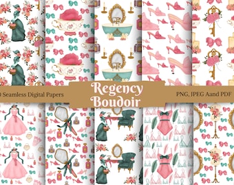 Patrón sin costuras de tocador Regency: Papel digital de acuarela (PNG, JPEG, PDF)