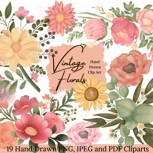 Watercolour Vintage Floral Clipart, Flower PNG, Flower ClipArt, Vintage Flower clipart, Botanical Clipart, Wildflower Clipart, Bouquet PNG