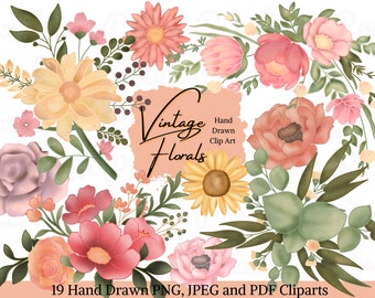 Clipart floral vintage en acuarela: Flor PNG dibujada a mano (descarga digital)
