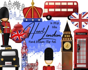 Acuarela de amor en Londres, imágenes prediseñadas de Londres, imágenes prediseñadas de autobús londinense, imágenes prediseñadas de la Guardia Real, té inglés moderno, taxi negro, imágenes prediseñadas de la Corona, Inglaterra