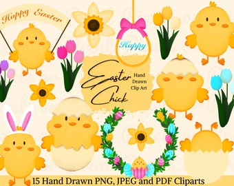 Clipart de pollito de Pascua en acuarela: Pegatinas PNG de primavera (Descarga digital)