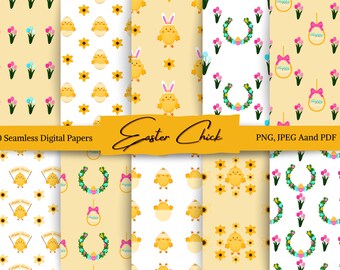 Papeles sin costuras de pollitos de Pascua en acuarela: Pegatinas digitales para agenda (Descarga digital)