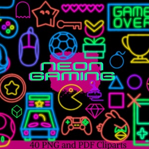 Neon Gaming Clipart, Retro Gaming Clipart, Retro Video Games Download, Neon Lights PNG, Gamer Girl, Gamer Boy, Arcade Games Clipart, 90s PNG