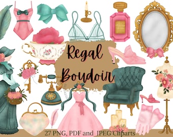 Clipart de tocador en acuarela: estilo Downton, Bridgerton (PNG, PDF, JPEG)
