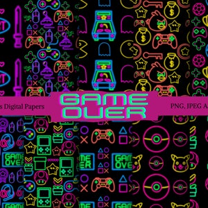 Naadloos gamingpatroon neon, naadloos neonpatroon, naadloos gaming-papier, retro papers, neon gaming-clipart, retro gamingpatronen