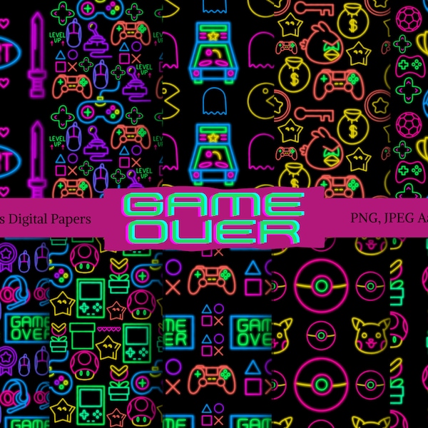 Neon Gaming Seamless Pattern, Neon Seamless Pattern, Gaming Seamless Paper, Retro Papers, Neon Gaming Clipart, Retro Gaming Patterns