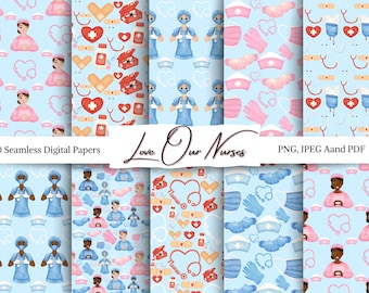 Patrón sin costuras de enfermera en acuarela: Papel digital médico (PNG, JPEG, PDF)