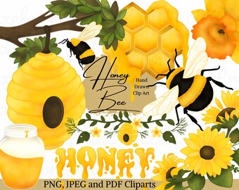 Imágenes prediseñadas de abejas en acuarela: girasol, colmena y abeja reina (PNG, JPEG, PDF)