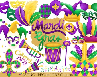 Clipart de acuarela del Carnaval de Nueva Orleans (descarga digital)