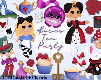 Clipart de Alicia en el País de las Maravillas en acuarela: Fiesta del té PNG (Descarga digital)