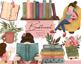Clipart de acuarela de Booktrovert: Conjunto de PNG de amantes de los libros (descarga digital)