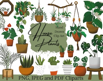 Clip art de plantas suculentas en acuarela: Plantas en maceta estilo bohemio (descarga digital)