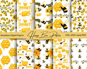 Patrón sin costuras de abeja de acuarela: Abeja floral PNG, JPEG, PDF (Descarga digital)