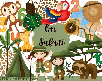 Clipart de animales de safari en acuarela: Conjunto de zoológico PNG dibujado a mano (descarga digital)