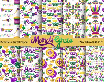Patrón sin costuras de Mardi Gras: Papeles de carnaval dibujados a mano (PNG, JPEG, PDF)