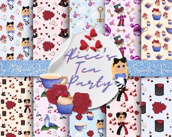 Papel sin costuras de Alicia en el País de las Maravillas: Patrones digitales de la fiesta del té (PNG, JPEG, PDF)