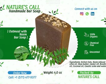 May include: A brown bar of soap with oatmeal and neem, labeled "Oatmeal with Neem Bar Soap". The soap is 4.0 oz and is 100% organic, chemical free, and unscented. It is packed by Nature's Call.