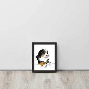 Bernese Mountain Dog Puppy Framed, minimalist custom drawing, kids room art, cartoon water painting, digital art, cute white background