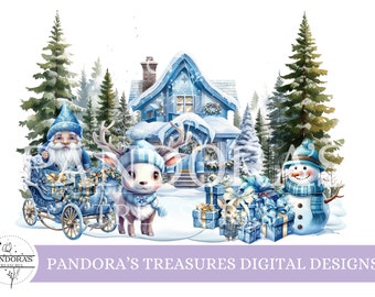 Blue Winter Woodland Santa PNG, Blue Christmas Sublimation Design, Christmas Bauble Design, UVDTF, Gift Box Design, Instant Digital Download