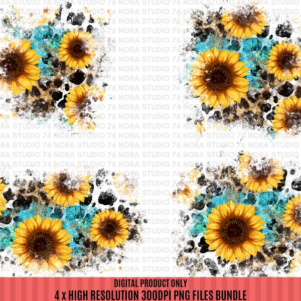 Cowhide Sunflower Leopard Turquoise Patch PNG, Cowhide Sunflower Distressed Patch PNG, Western Cowhide Splash 4 PNG Bundle, Instant Download