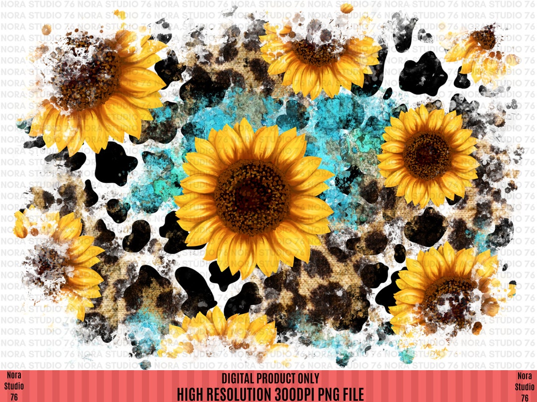 Cowhide Sunflower Turquoise Leopard Background Png, Western Distressed