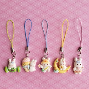 Bunny Phone Charm Cute Animal Keychain Kawaii Animal Phone Strap Adorable Animal Accessory Rabbit Keychain Cute Japanese Charm Flatback Cute