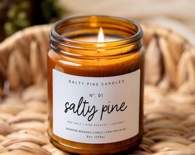 Salty Pine Beeswax Candle, Pine and Coastal Scent,  Woodsy Candles Gift In Amber Jar