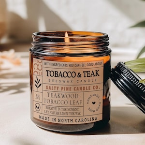 Tobacco and Teak Beeswax Candle: Woodsy Spice Scented Amber Jar
