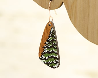 Hand Painted Cherry Wood Pine Tree Dangle Earrings