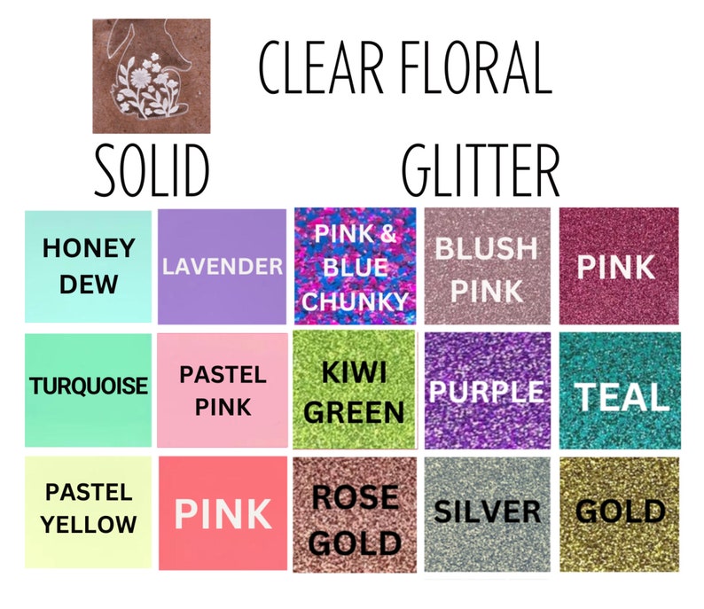 K&ouml;nnte beinhalten: Eine Tabelle mit 12 verschiedenen Nagellackfarben. Die Farben sind in zwei Kategorien unterteilt: "Solid" und "Glitter". Die Kategorie "Solid" umfasst Farben wie Honigtau, Lavendel, T&uuml;rkis, Pastellrosa, Pastellgelb und Rosa. Die Kategorie "Glitter" umfasst Farben wie Pink & Blau Chunky, Blush Pink, Pink, Kiwi Gr&uuml;n, Lila, Teal, Ros&eacute;gold, Silber und Gold.