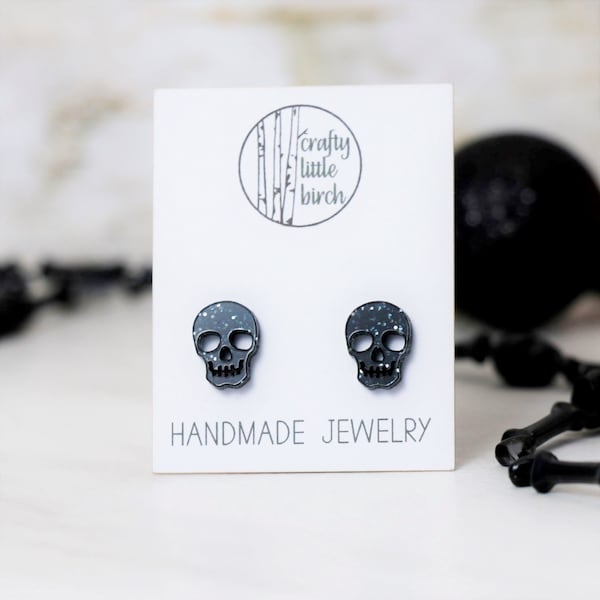 Glitter Skull Stud Earrings: Hypoallergenic Halloween Jewelry
