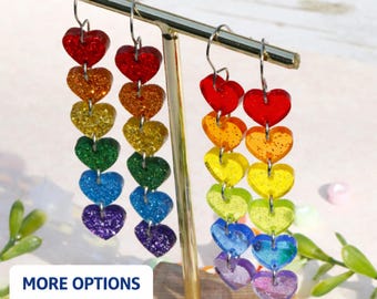 Rainbow Glitter Heart Dangle Earrings: Pride Acrylic Jewelry