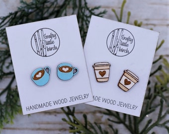 Coffee Cup Earrings, Cappuccino Mug Stud Earrings, Engraved Wood Earrings, Hand Painted Earring