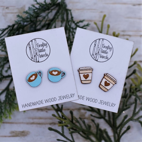 Coffee Cup Earrings, Cappuccino Mug Stud Earrings, Engraved Wood Earrings, Hand Painted Earring