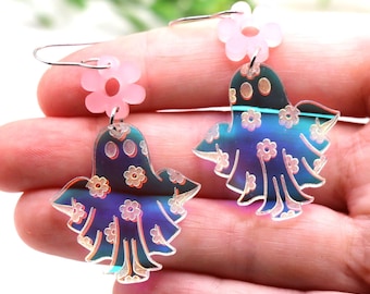 Iridescent Ghost Dangle Earrings: Halloween Flower Earrings