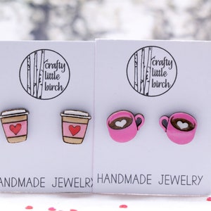 Valentine Coffee Stud Earrings, Valentine Cappuccino Stud Earrings, Pink Mug Earrings, Coffee Cup Earrings, Valentine Stud Earrings