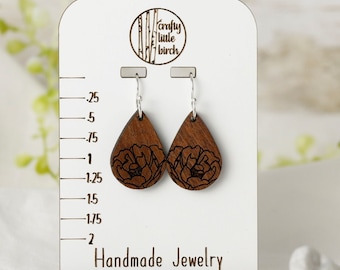 Handmade Wood Flower Teardrop Earrings: Engraved Wooden Dangles
