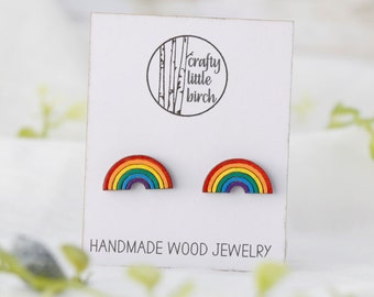 Handmade Rainbow Stud Earrings: Pride LGBTQ Wood Jewelry