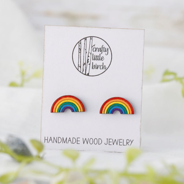 Wood Rainbow Stud Earrings