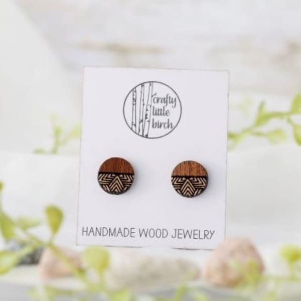 Pendientes geométricos de madera, hechos a mano, pintados a mano, grabados
