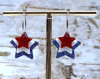 American Pride Star Dangle Earrings: Red, White & Blue Glitter Acrylic