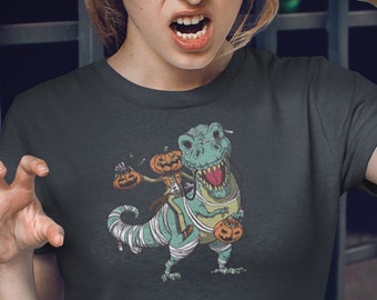 Halloween T-Rex Dinosaur and Jack-o-lanterns Unisex Jersey Short Sleeve Tee