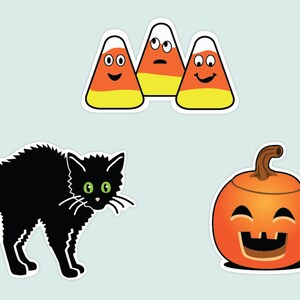 Halloween Sticker Set of 3; black cat, candy corn, and jack-o-lantern