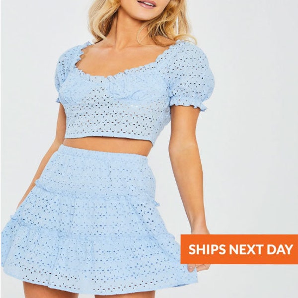 Woven Solid Puff Sleeve Top And Mini Skirt Set - Eyelet Skirt - Eyelet Crop Top - Eyelet Set - Two Piece Set - Summer Apparel